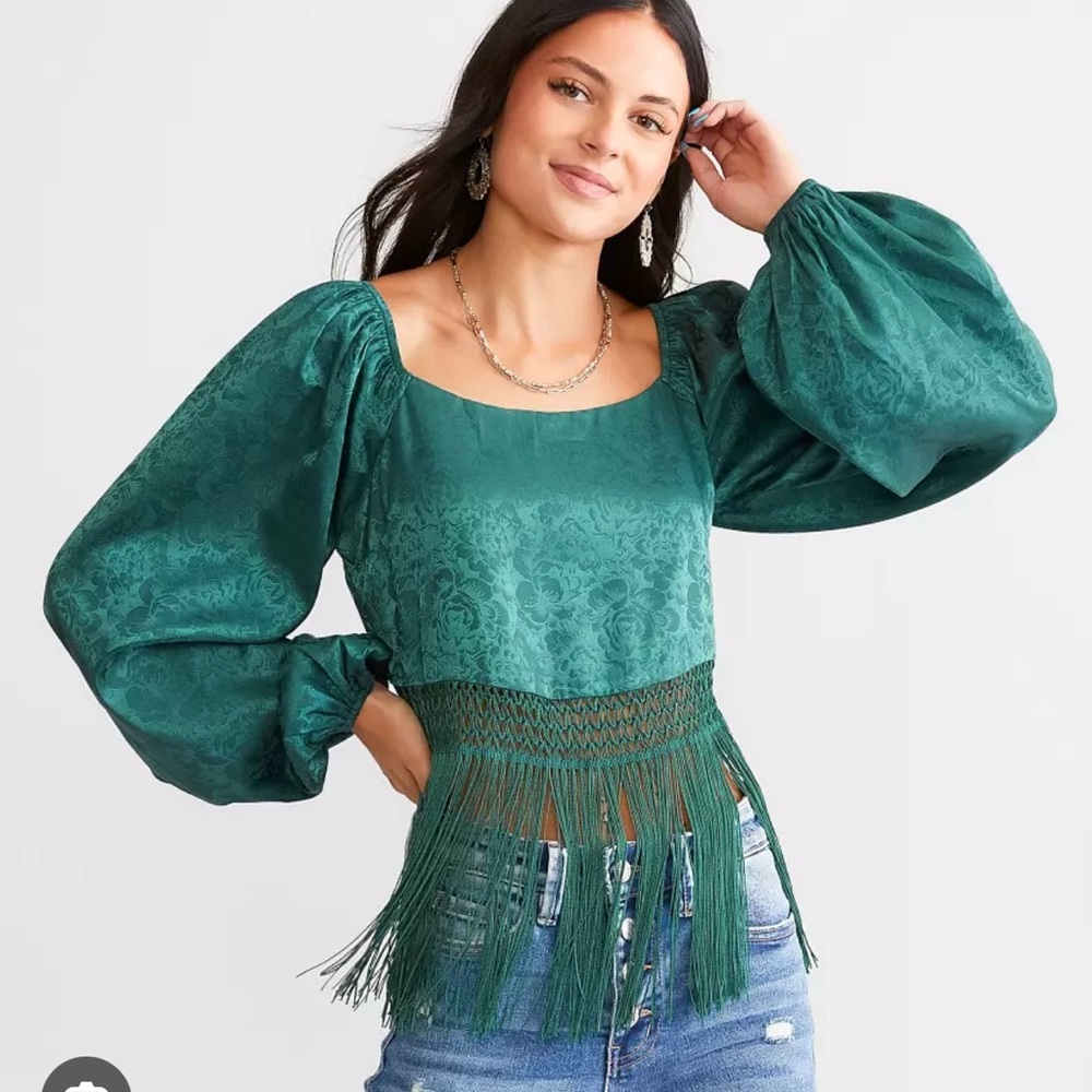 NWT Elegant Green Women's Top balloon  sleeve fringe pirate blouse Jacket